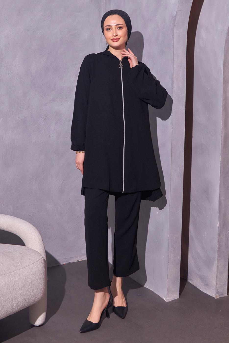 Tesettür giyim SİYAH KAPÜŞONLU PANTOLONLU TAKIM T 1214