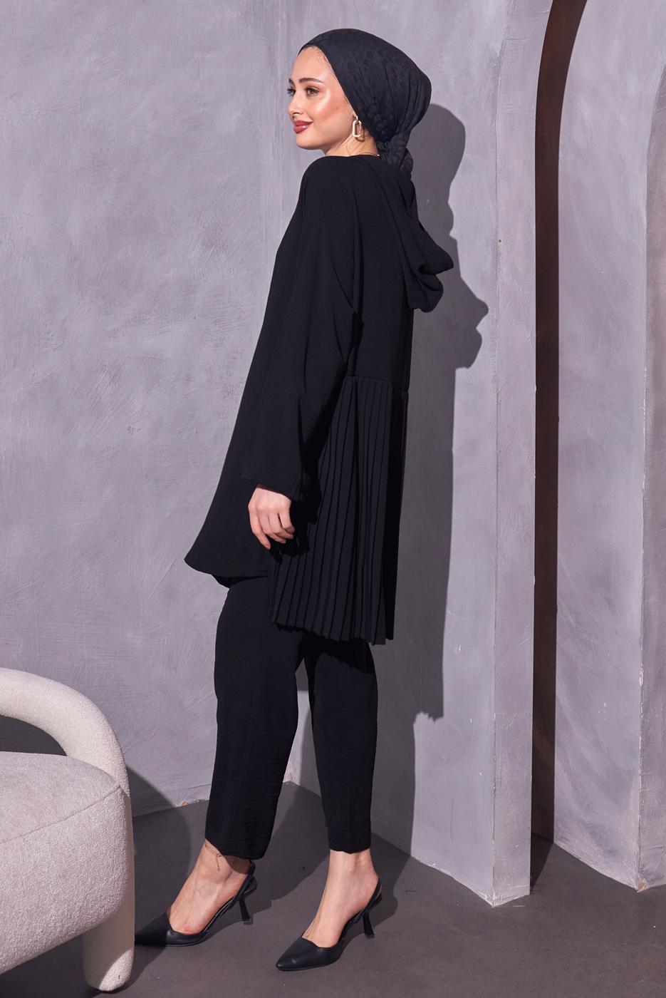 Tesettür giyim SİYAH KAPÜŞONLU PANTOLONLU TAKIM T 1214
