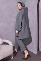 Tesettür giyim GRİ KAPÜŞONLU PANTOLONLU TAKIM T 1214