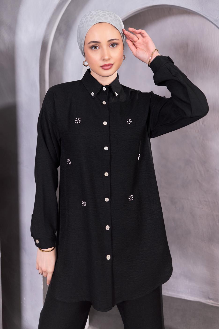 Tesettür giyim SİYAH DÜĞMELİ PANTOLONLU TAKIM T 1283