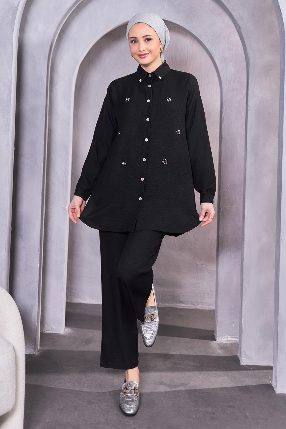 Tesettür giyim SİYAH DÜĞMELİ PANTOLONLU TAKIM T 1283