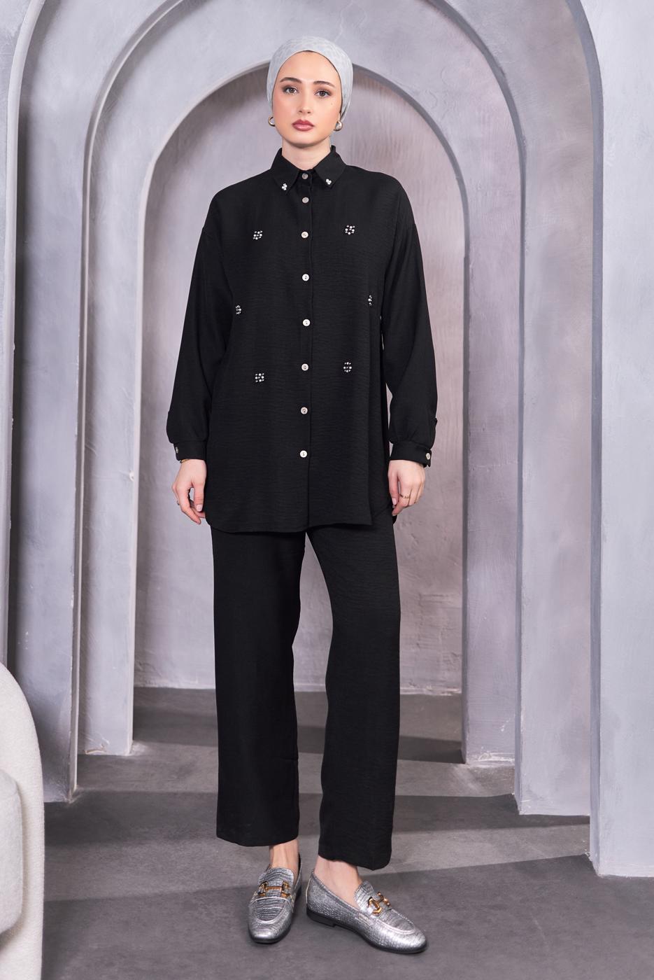 Tesettür giyim SİYAH DÜĞMELİ PANTOLONLU TAKIM T 1283