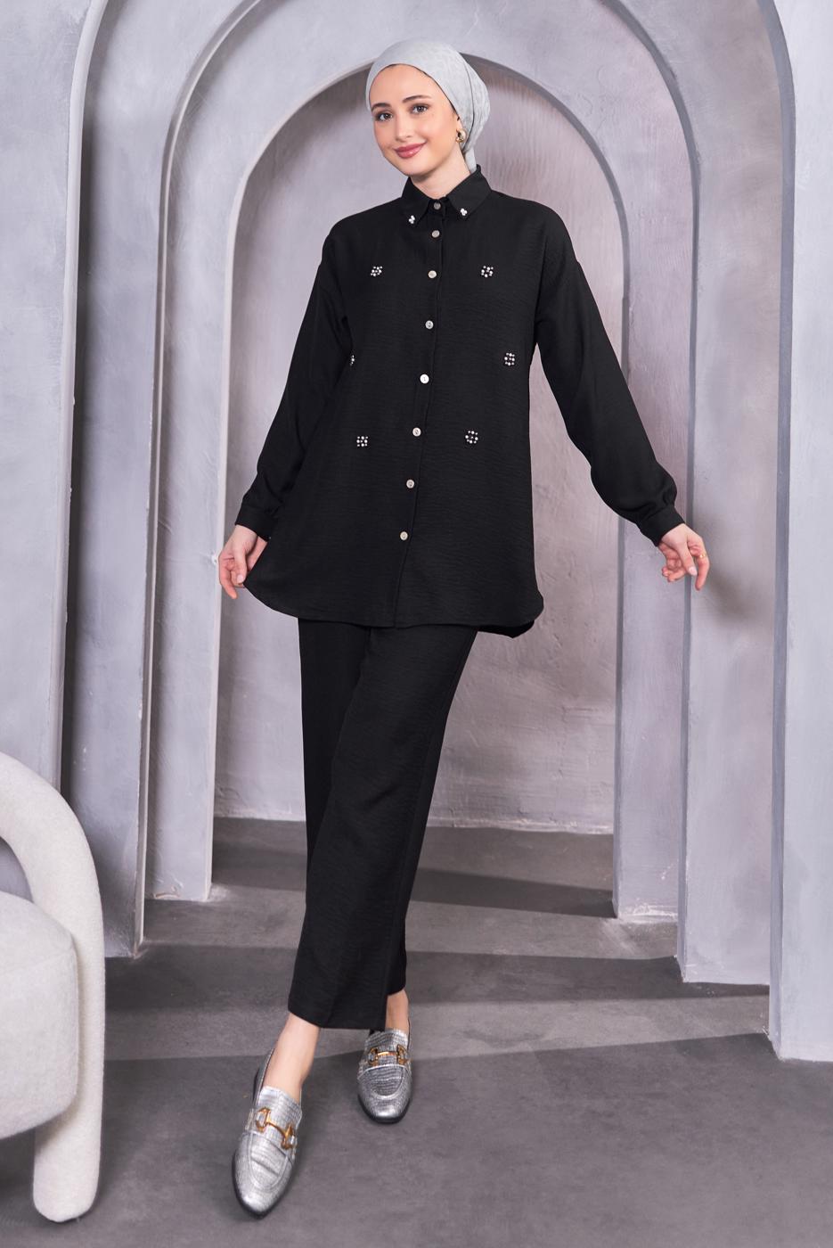 Tesettür giyim SİYAH DÜĞMELİ PANTOLONLU TAKIM T 1283
