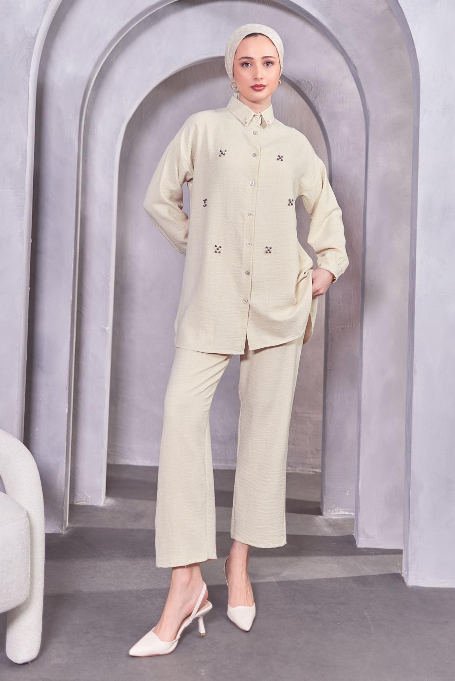 Tesettür giyim BEJ DÜĞMELİ PANTOLONLU TAKIM T 1283