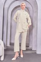 Tesettür giyim BEJ DÜĞMELİ PANTOLONLU TAKIM T 1283