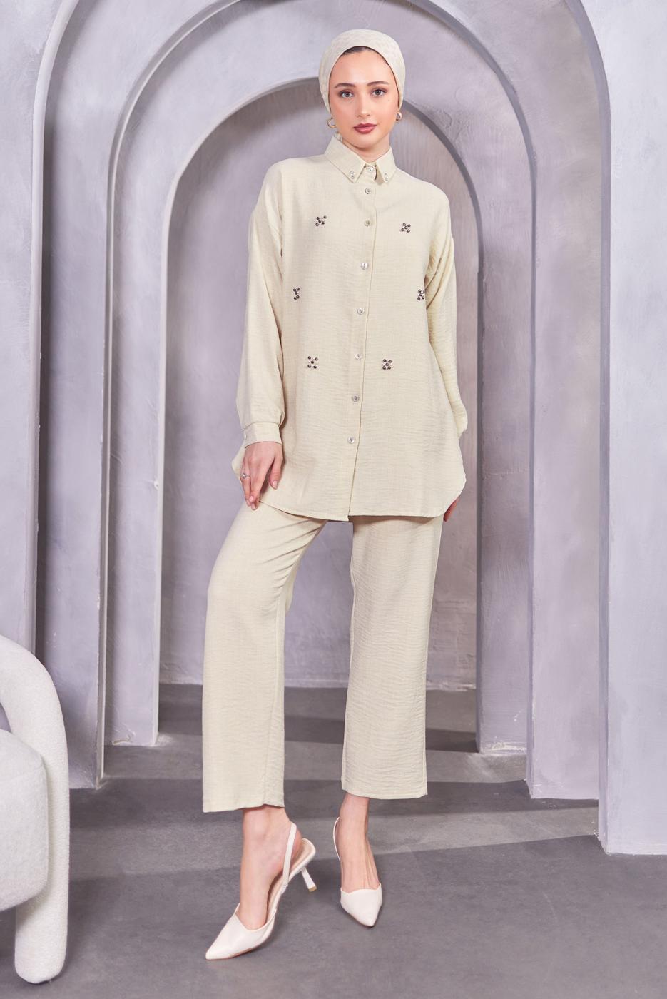 Tesettür giyim BEJ DÜĞMELİ PANTOLONLU TAKIM T 1283