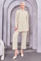 Tesettür giyim BEJ DÜĞMELİ PANTOLONLU TAKIM T 1283