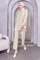 Tesettür giyim BEJ DÜĞMELİ PANTOLONLU TAKIM T 1283