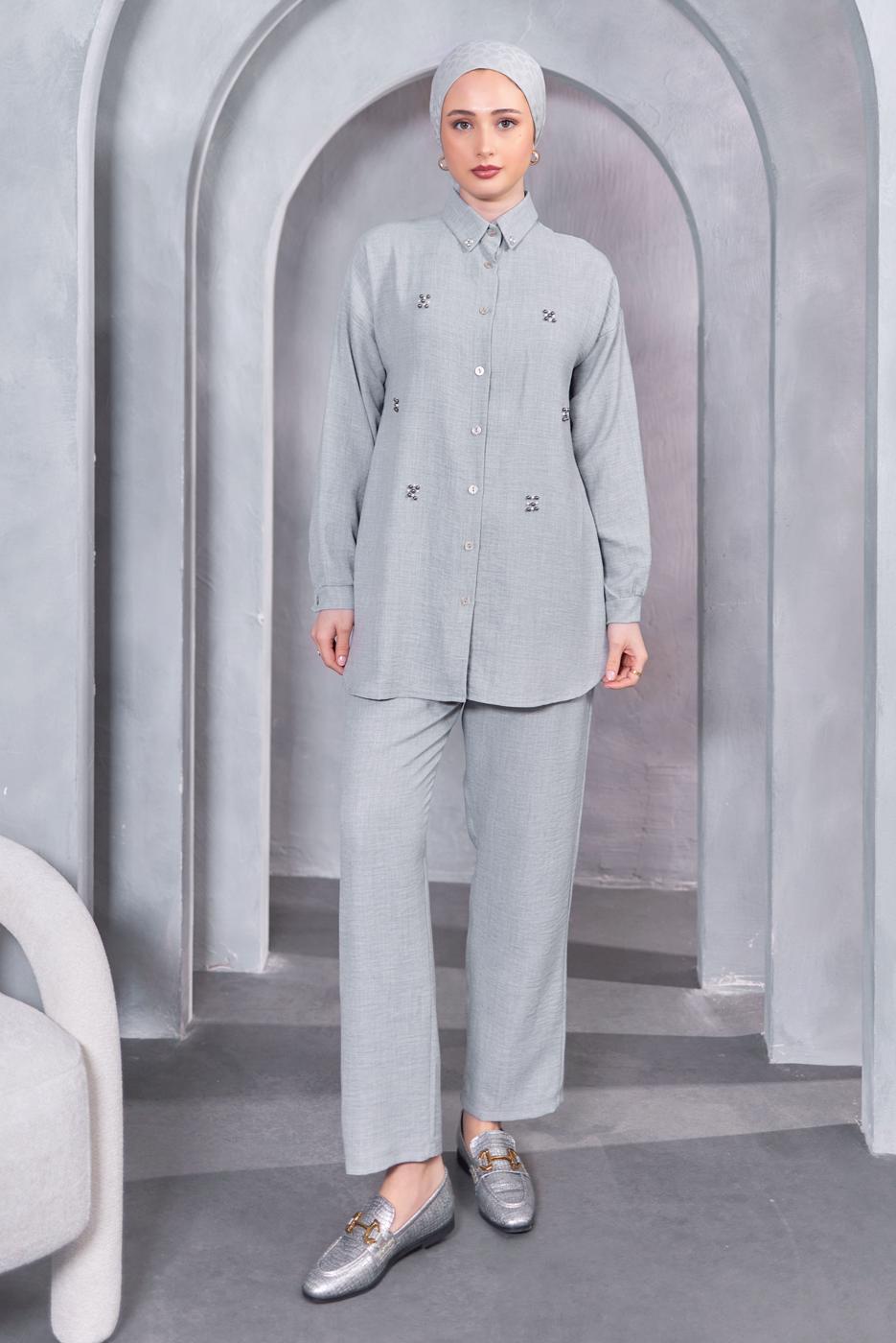 Tesettür giyim GRİ DÜĞMELİ PANTOLONLU TAKIM T 1283