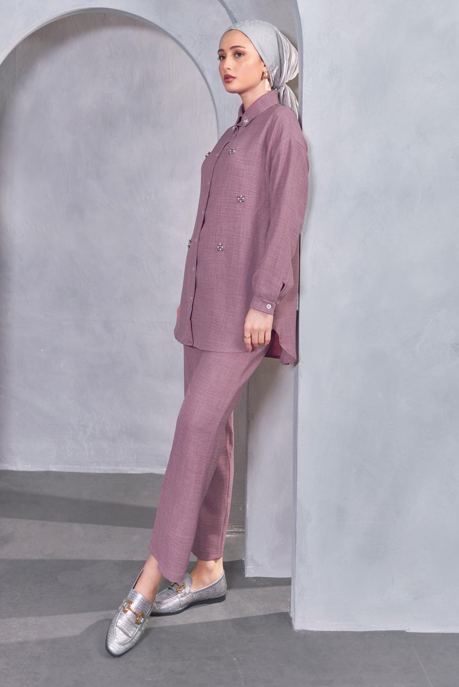 Tesettür giyim MOR DÜĞMELİ PANTOLONLU TAKIM T 1283