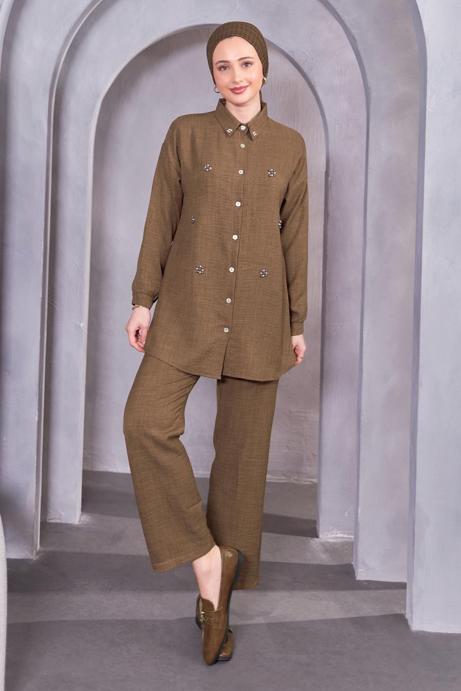 Hijab clothing BROWN BUTTONED PANTS SUIT T 1283
