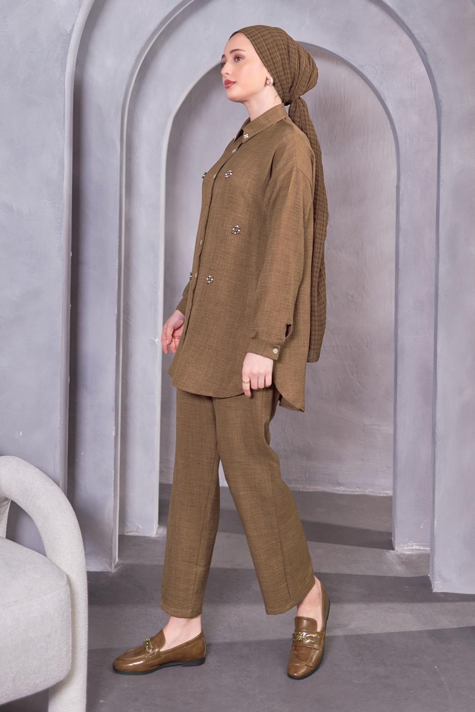 Hijab clothing BROWN BUTTONED PANTS SUIT T 1283