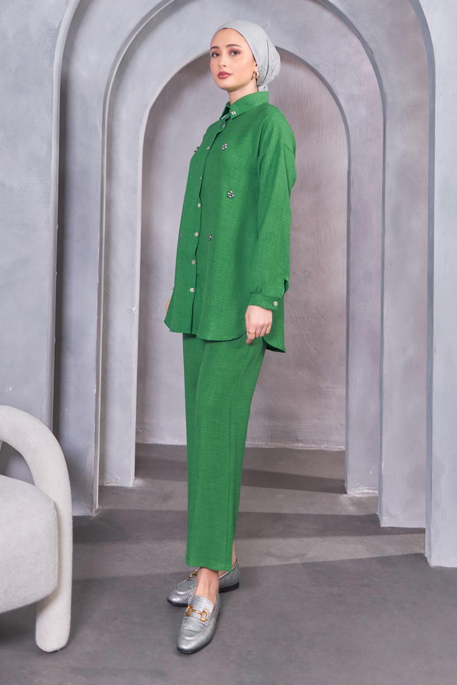 Tesettür giyim YEŞİL DÜĞMELİ PANTOLONLU TAKIM T 1283