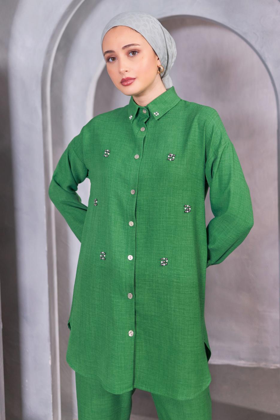 Tesettür giyim YEŞİL DÜĞMELİ PANTOLONLU TAKIM T 1283