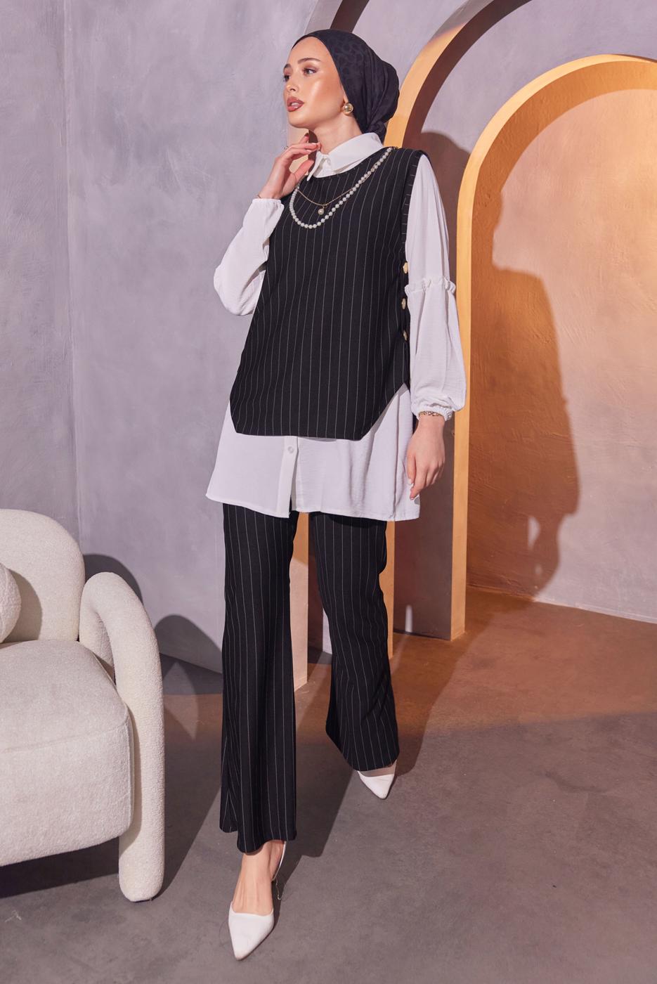 Tesettür giyim SİYAH ZİNCİR DETAYLI ÜÇLÜ PANTOLONLU TAKIM T 1404