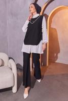 Tesettür giyim SİYAH ZİNCİR DETAYLI ÜÇLÜ PANTOLONLU TAKIM T 1404