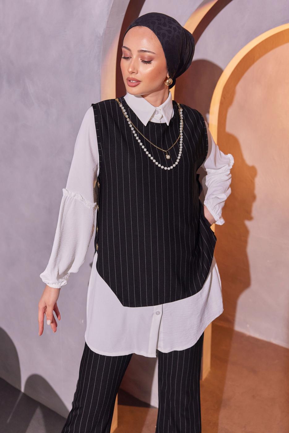 Tesettür giyim SİYAH ZİNCİR DETAYLI ÜÇLÜ PANTOLONLU TAKIM T 1404