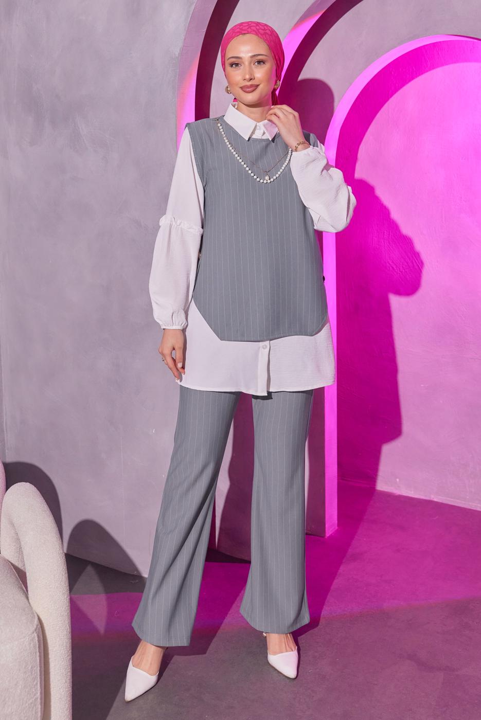 Tesettür giyim GRİ ZİNCİR DETAYLI ÜÇLÜ PANTOLONLU TAKIM T 1404