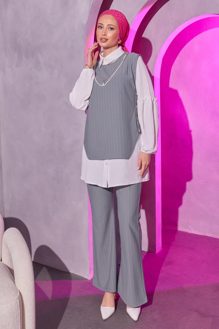 Tesettür giyim GRİ ZİNCİR DETAYLI ÜÇLÜ PANTOLONLU TAKIM T 1404