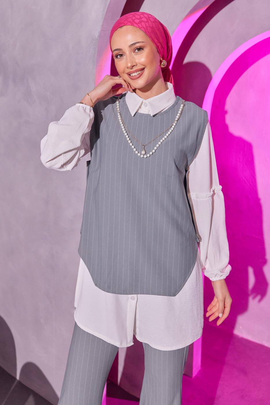 Tesettür giyim GRİ ZİNCİR DETAYLI ÜÇLÜ PANTOLONLU TAKIM T 1404