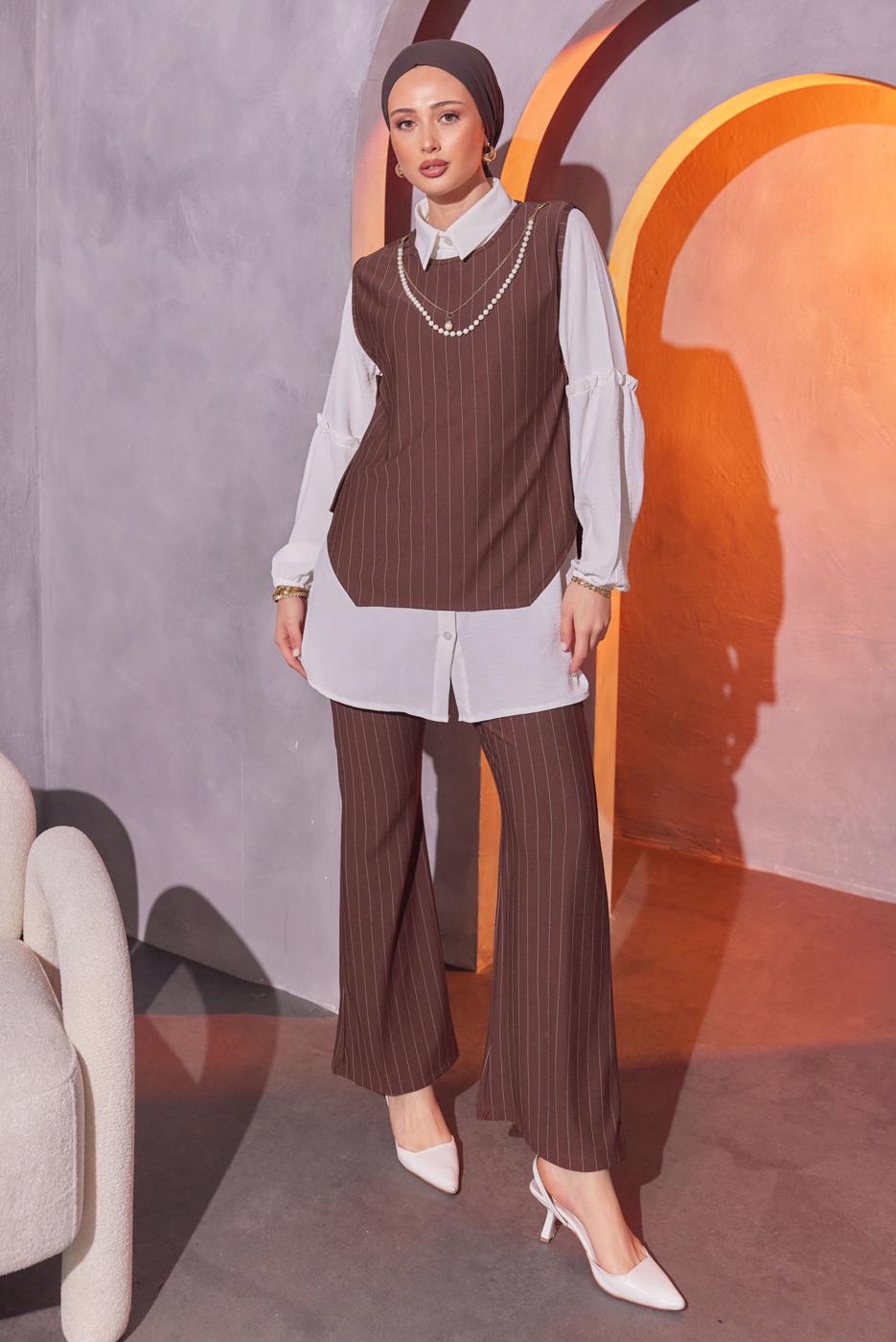 Tesettür giyim KAHVE ZİNCİR DETAYLI ÜÇLÜ PANTOLONLU TAKIM T 1404