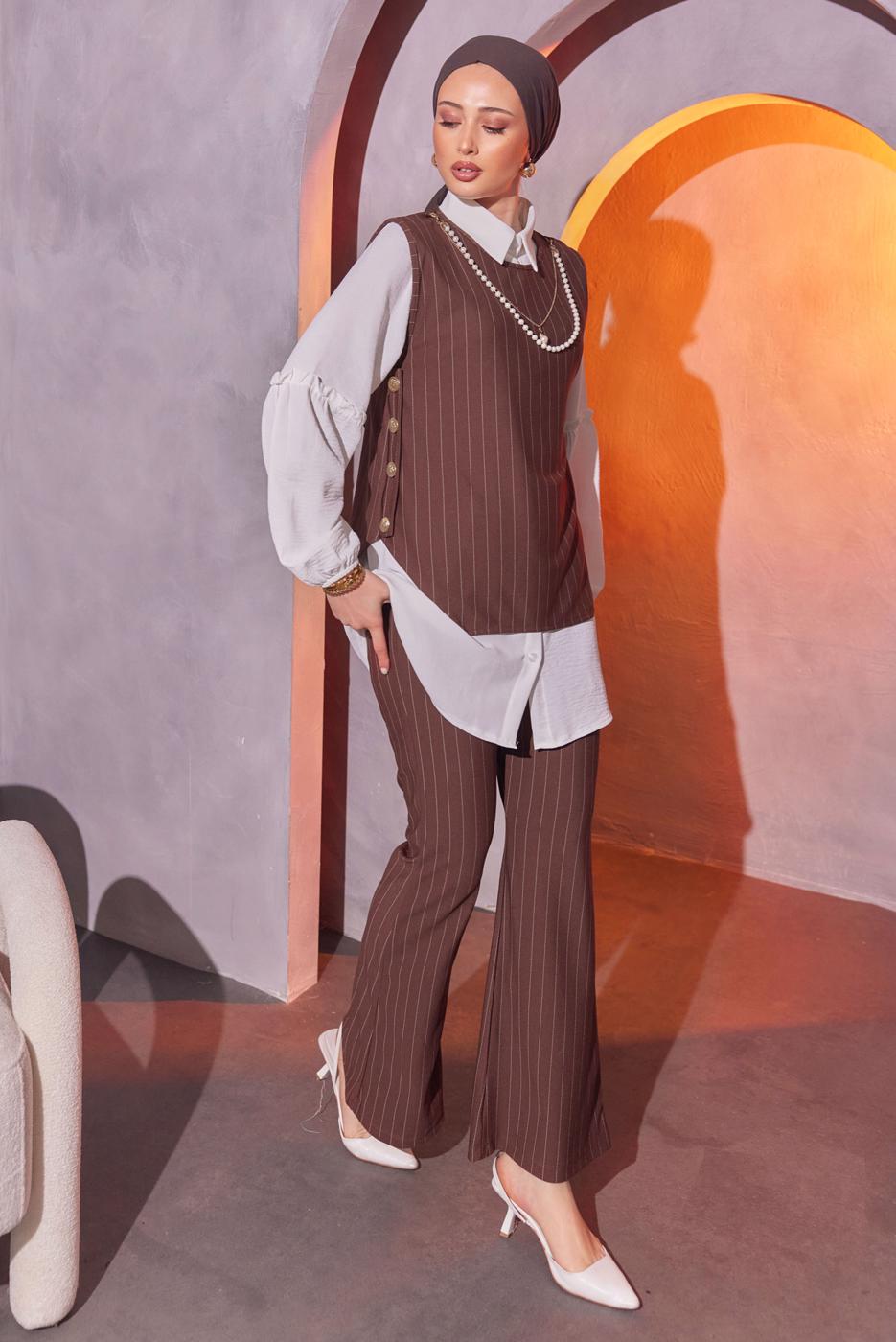 Tesettür giyim KAHVE ZİNCİR DETAYLI ÜÇLÜ PANTOLONLU TAKIM T 1404