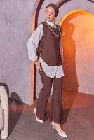 Tesettür giyim KAHVE ZİNCİR DETAYLI ÜÇLÜ PANTOLONLU TAKIM T 1404