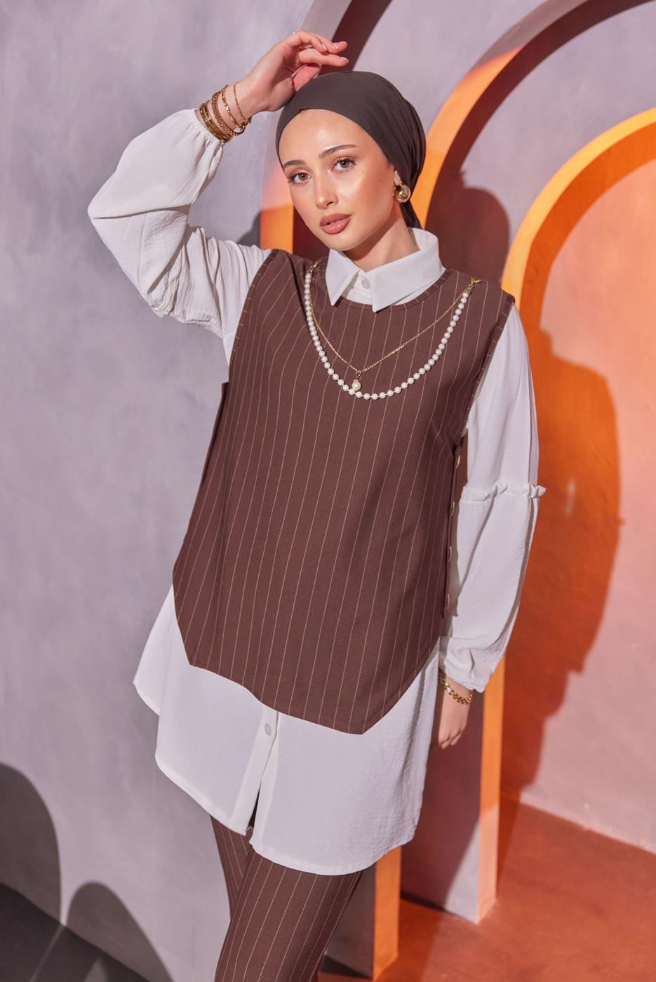 Tesettür giyim KAHVE ZİNCİR DETAYLI ÜÇLÜ PANTOLONLU TAKIM T 1404