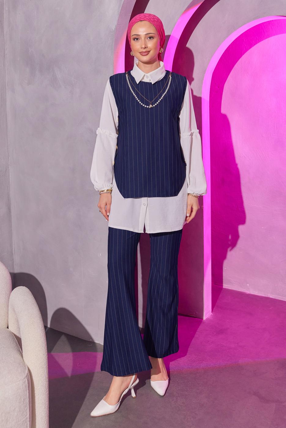 Tesettür giyim LACİVERT ZİNCİR DETAYLI ÜÇLÜ PANTOLONLU TAKIM T 1404