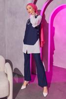 Tesettür giyim LACİVERT ZİNCİR DETAYLI ÜÇLÜ PANTOLONLU TAKIM T 1404