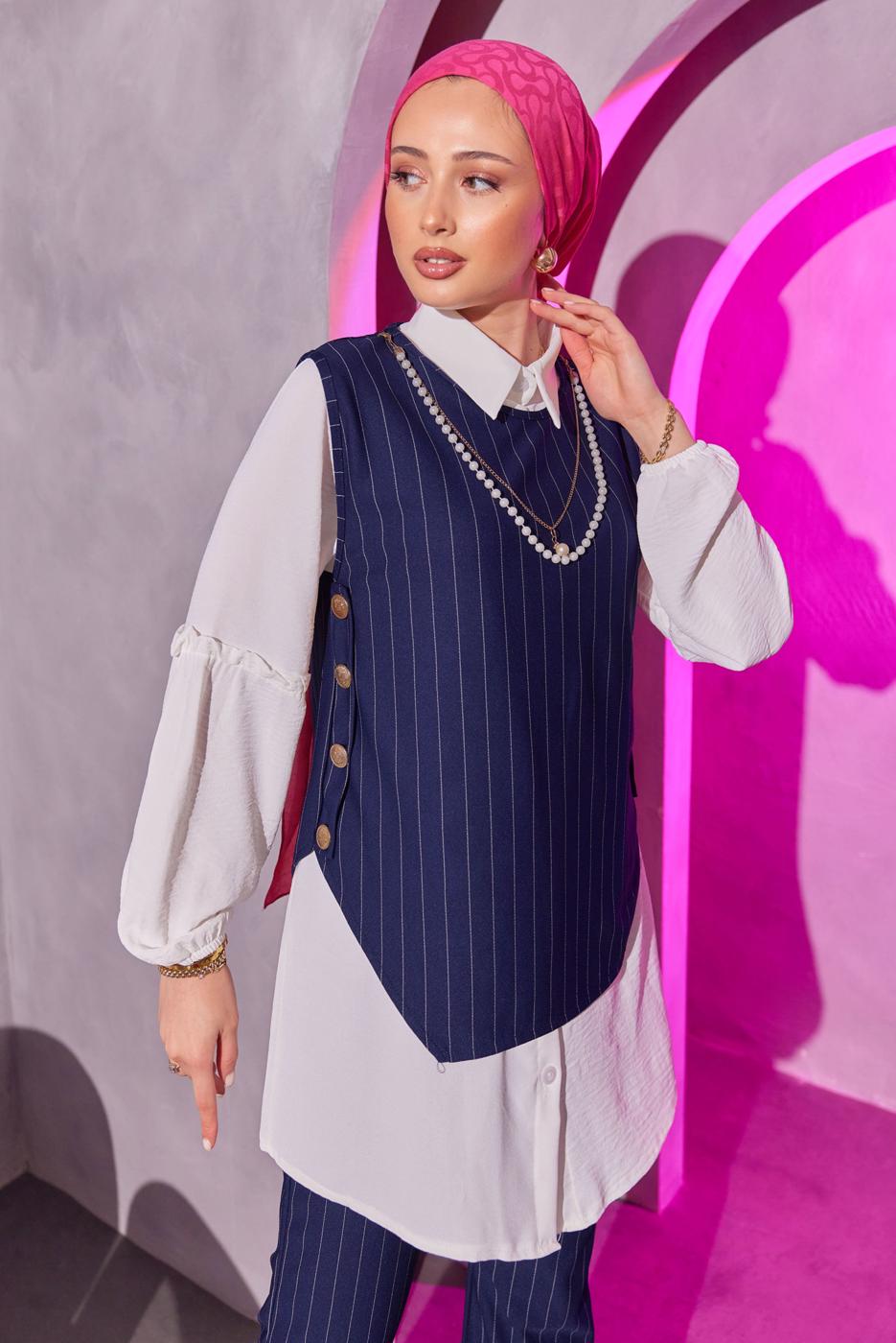 Tesettür giyim LACİVERT ZİNCİR DETAYLI ÜÇLÜ PANTOLONLU TAKIM T 1404