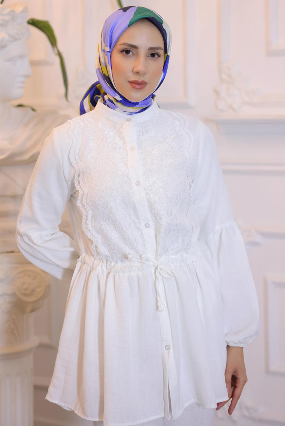 Tesettür giyim KREM DANTEL DETAYLI PANTOLONLU TAKIM T 14616