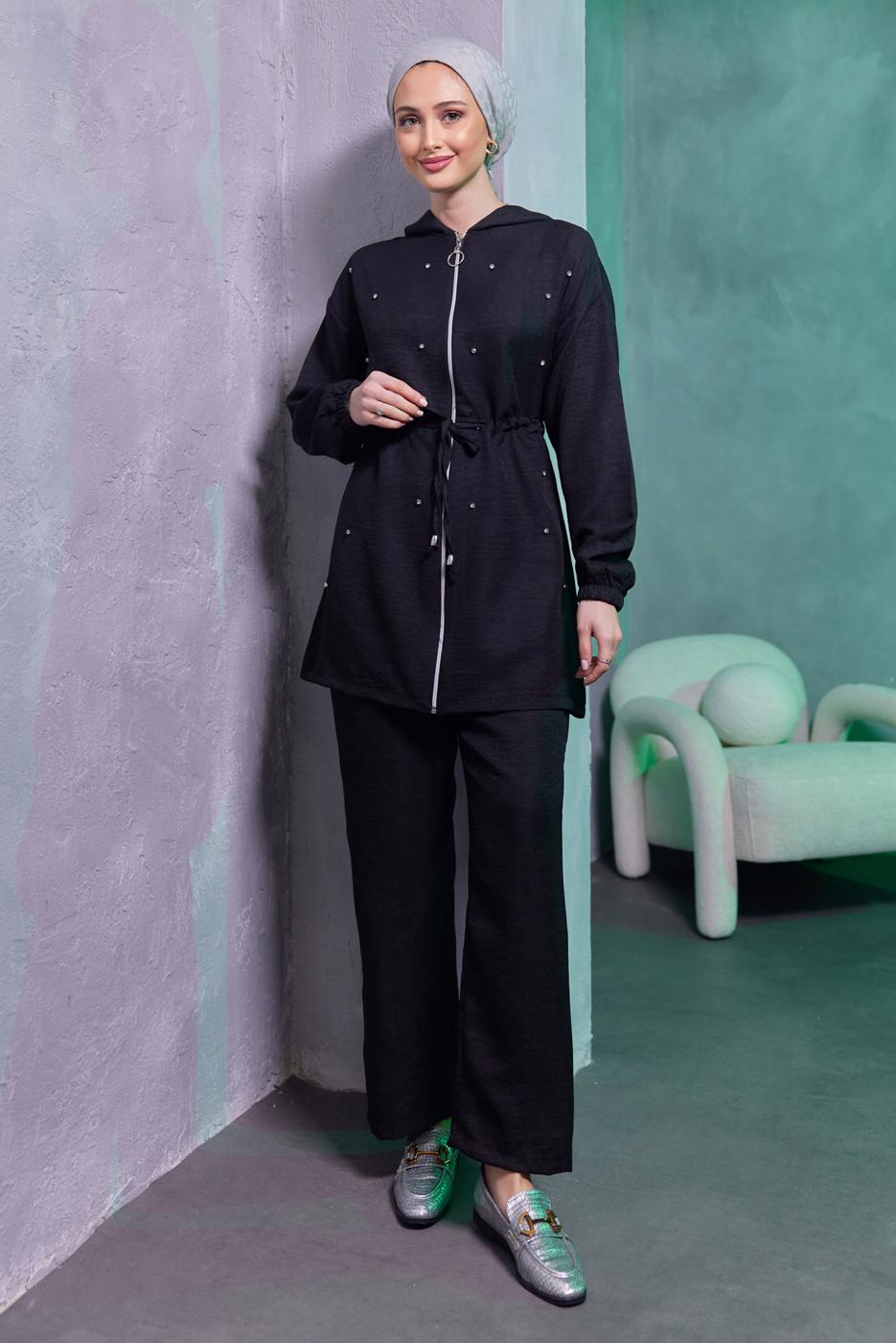 Tesettür giyim SİYAH KAPÜŞONLU PANTOLONLU TAKIM T 1493
