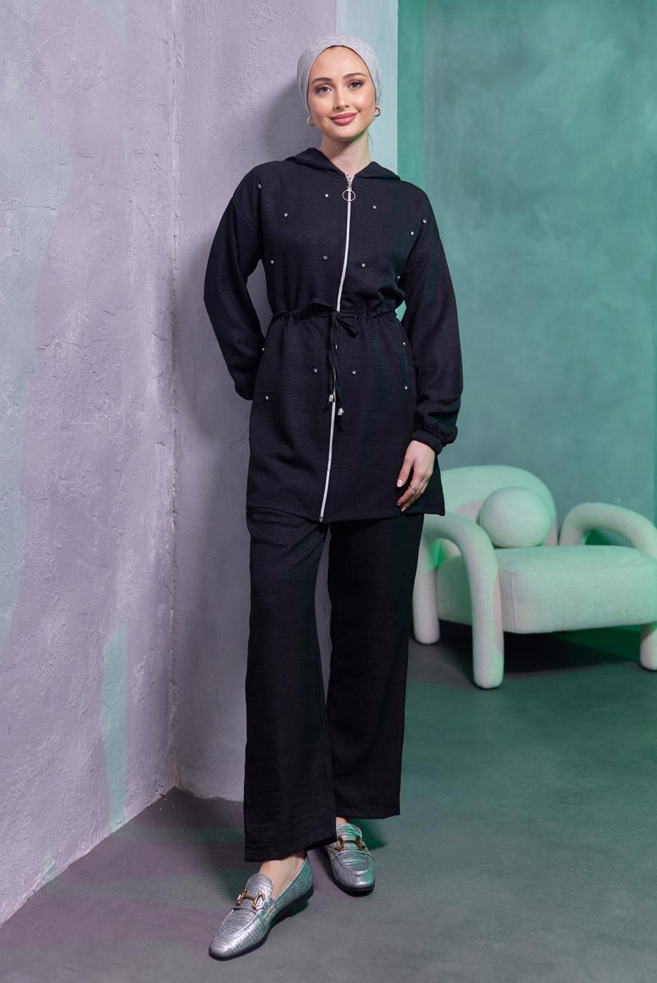 Tesettür giyim SİYAH KAPÜŞONLU PANTOLONLU TAKIM T 1493