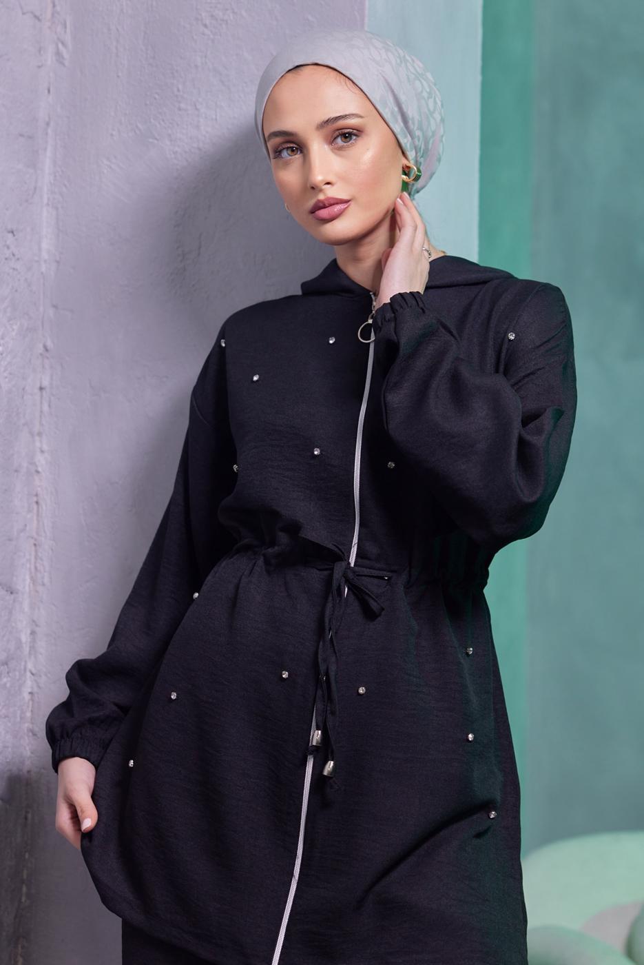 Tesettür giyim SİYAH KAPÜŞONLU PANTOLONLU TAKIM T 1493