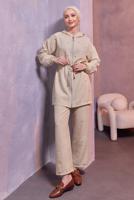 Tesettür giyim BEJ KAPÜŞONLU PANTOLONLU TAKIM T 1493