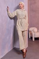 Tesettür giyim BEJ KAPÜŞONLU PANTOLONLU TAKIM T 1493