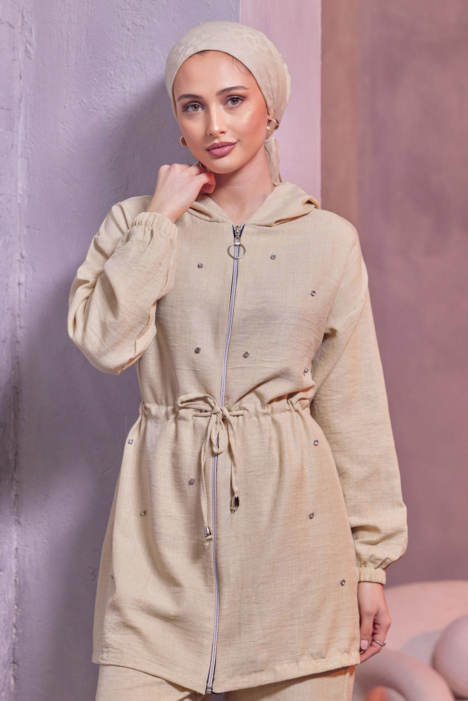 Tesettür giyim BEJ KAPÜŞONLU PANTOLONLU TAKIM T 1493