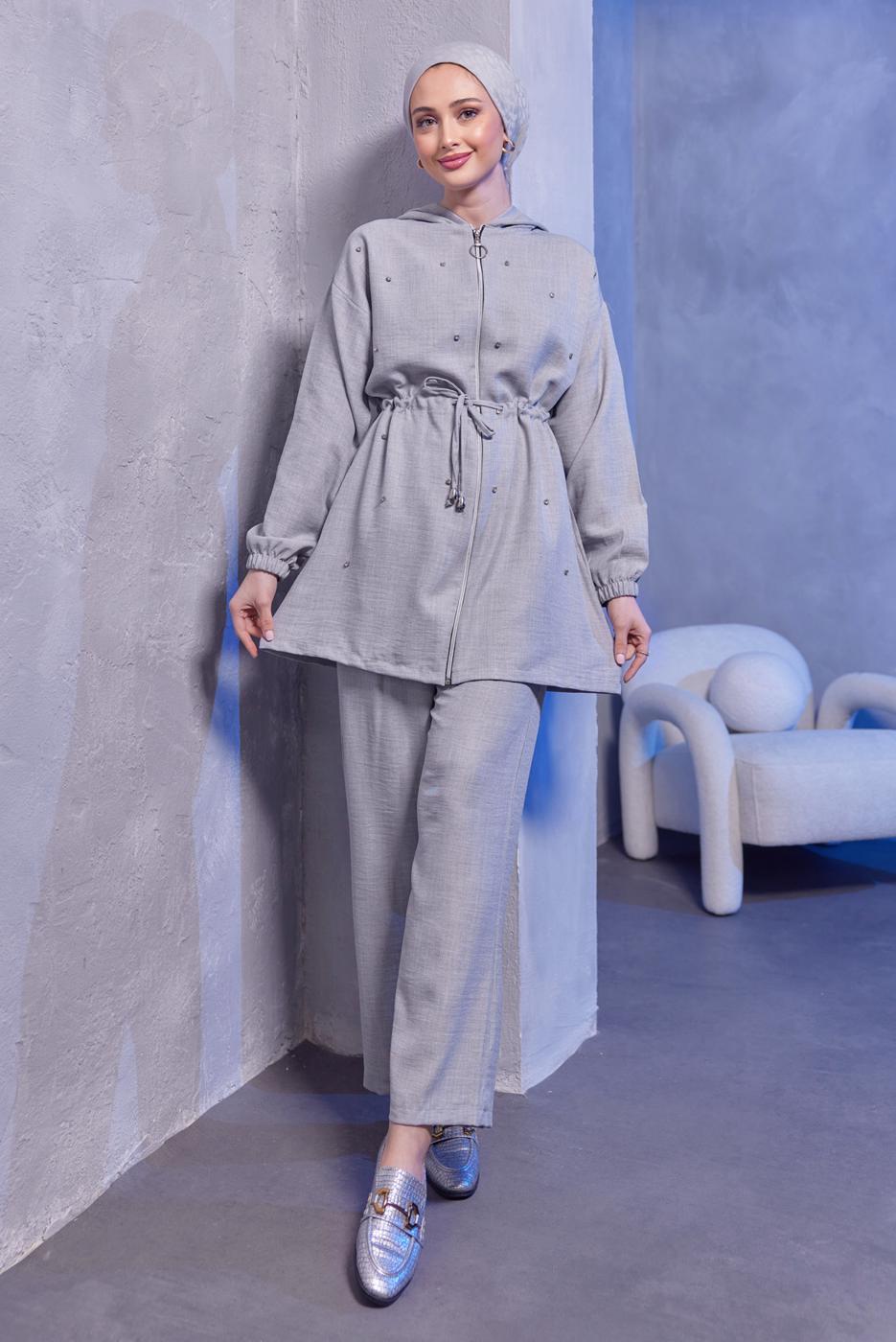 Tesettür giyim GRİ KAPÜŞONLU PANTOLONLU TAKIM T 1493