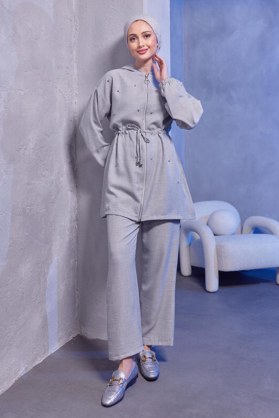 Tesettür giyim GRİ KAPÜŞONLU PANTOLONLU TAKIM T 1493