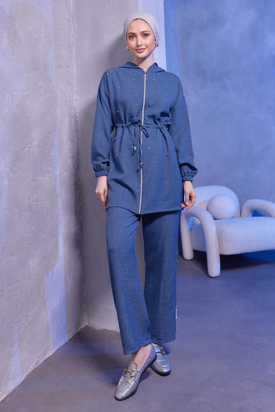 Tesettür giyim LACİVERT KAPÜŞONLU PANTOLONLU TAKIM T 1493