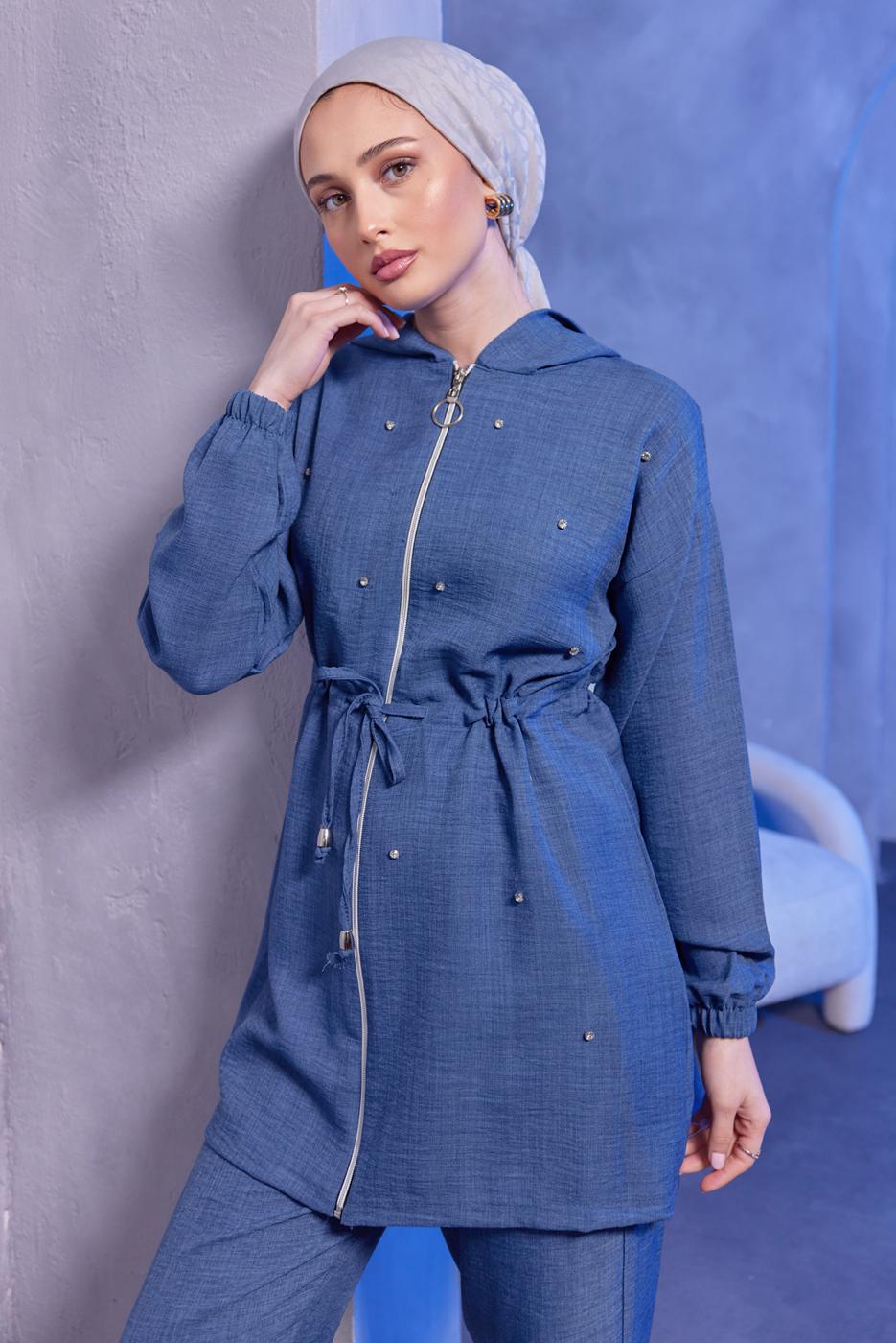 Tesettür giyim LACİVERT KAPÜŞONLU PANTOLONLU TAKIM T 1493