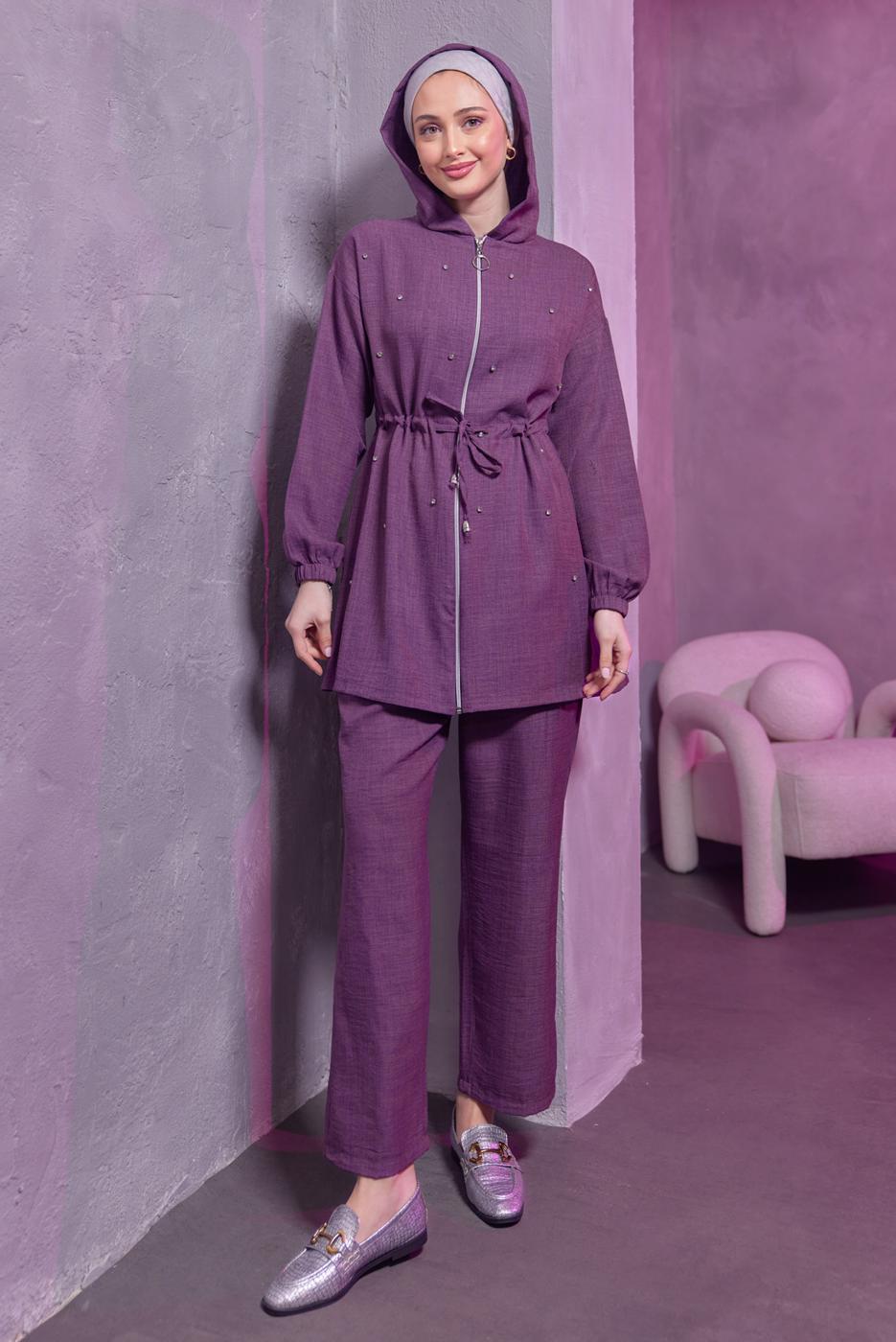 Tesettür giyim MOR KAPÜŞONLU PANTOLONLU TAKIM T 1493