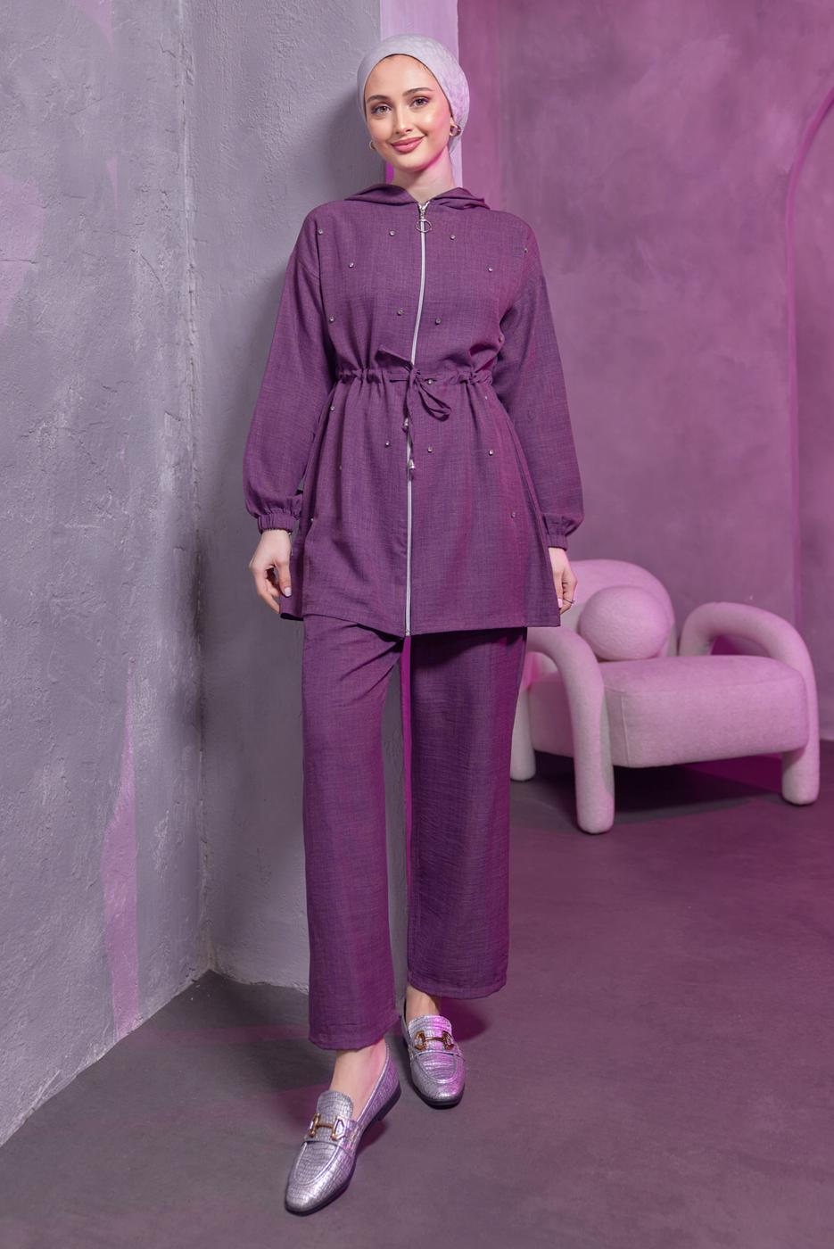 Tesettür giyim MOR KAPÜŞONLU PANTOLONLU TAKIM T 1493