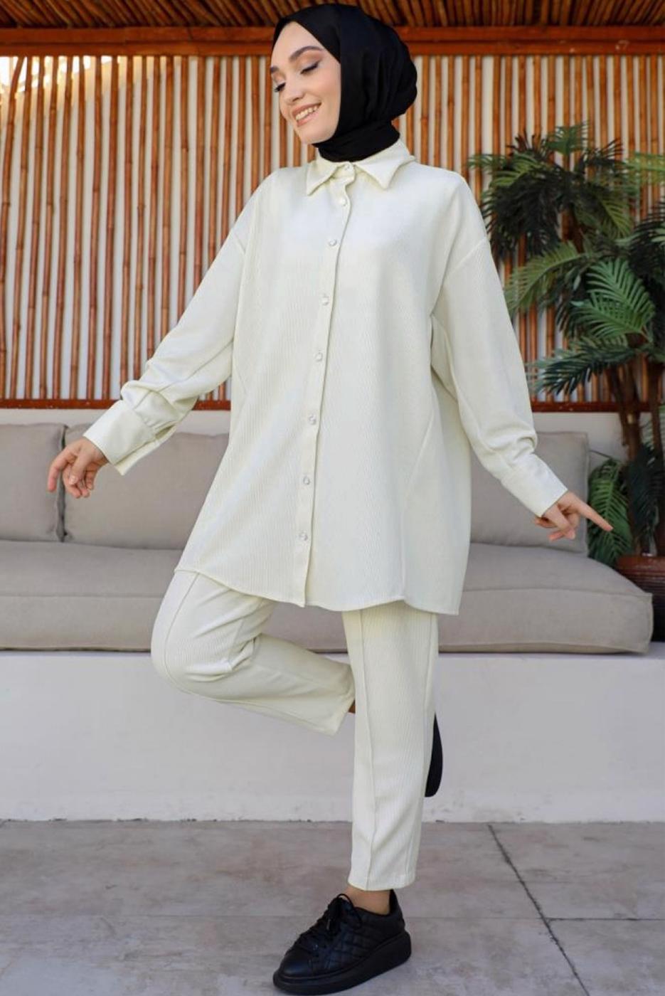 Tesettür giyim KREM GÖMLEK YAKA PANTOLONLU TAKIM T 15616