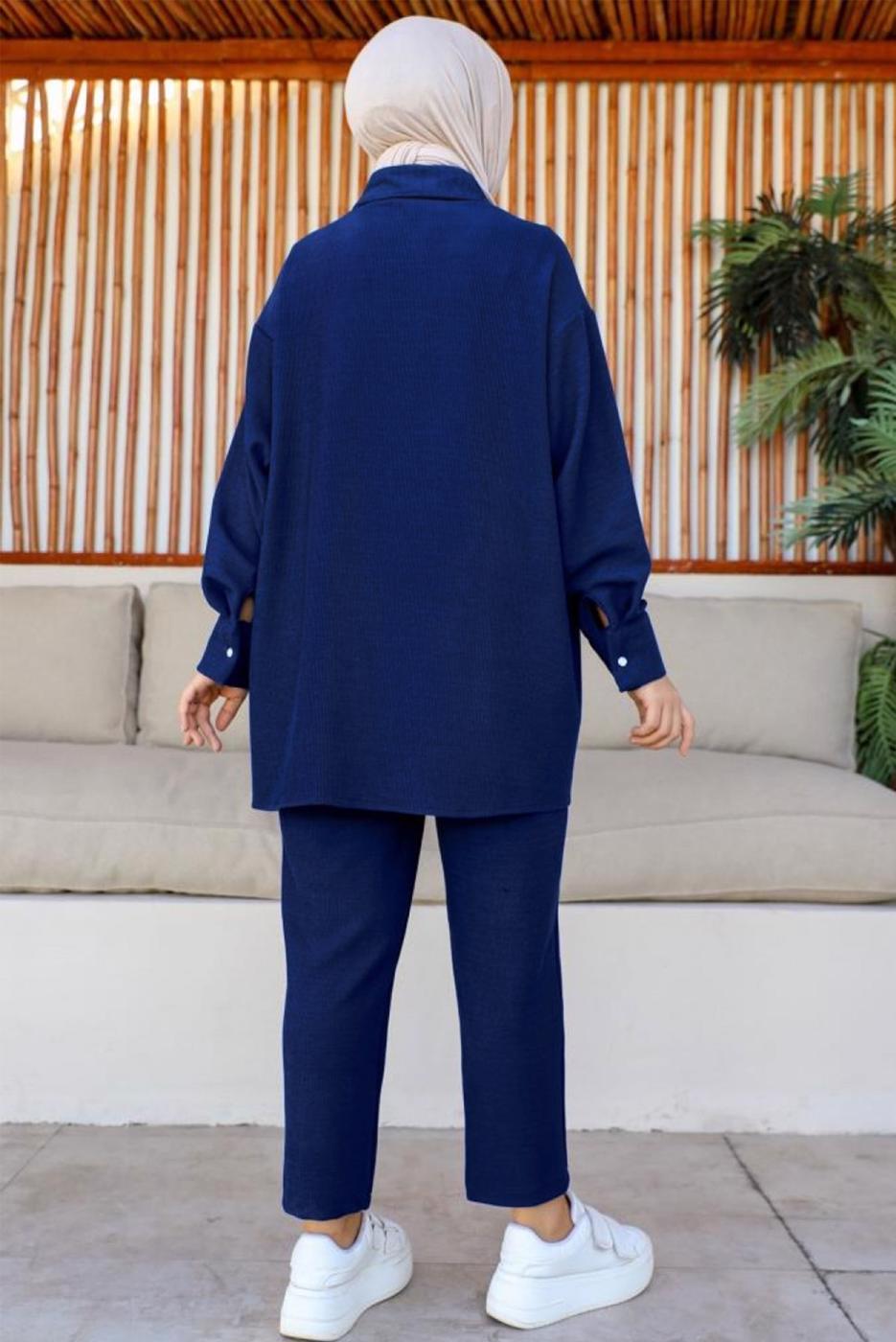 Tesettür giyim LACİVERT GÖMLEK YAKA PANTOLONLU TAKIM T 15616
