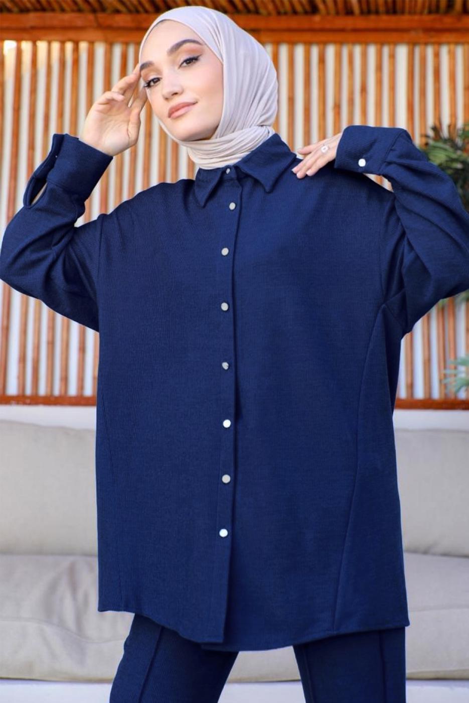Tesettür giyim LACİVERT GÖMLEK YAKA PANTOLONLU TAKIM T 15616