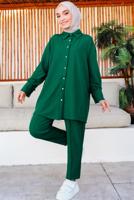 Tesettür giyim YEŞİL GÖMLEK YAKA PANTOLONLU TAKIM T 15616