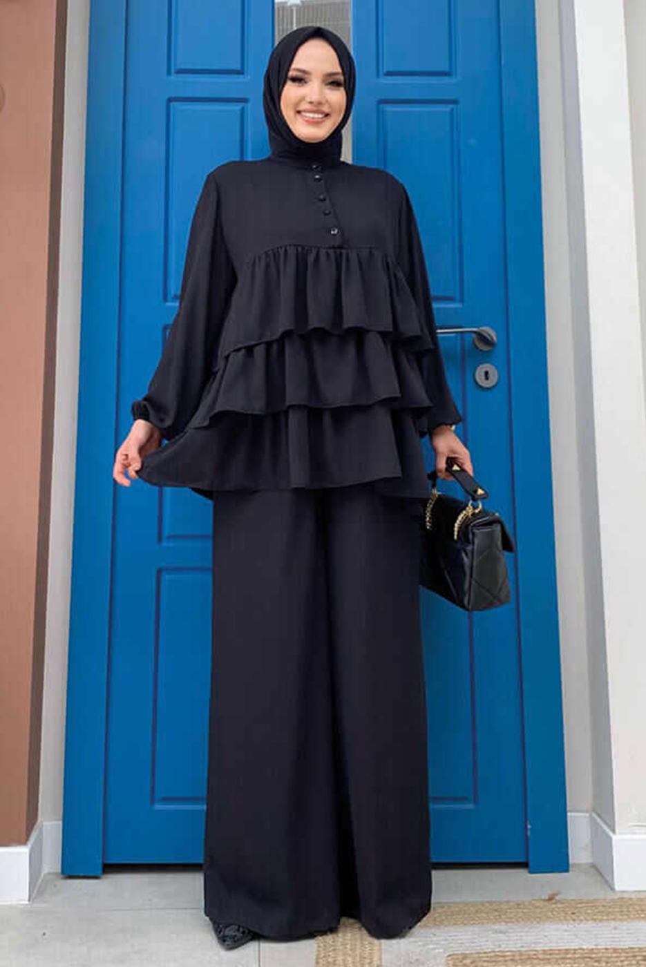 Tesettür giyim SİYAH VOLAN DETAYLI PANTOLONLU TAKIM T 1648