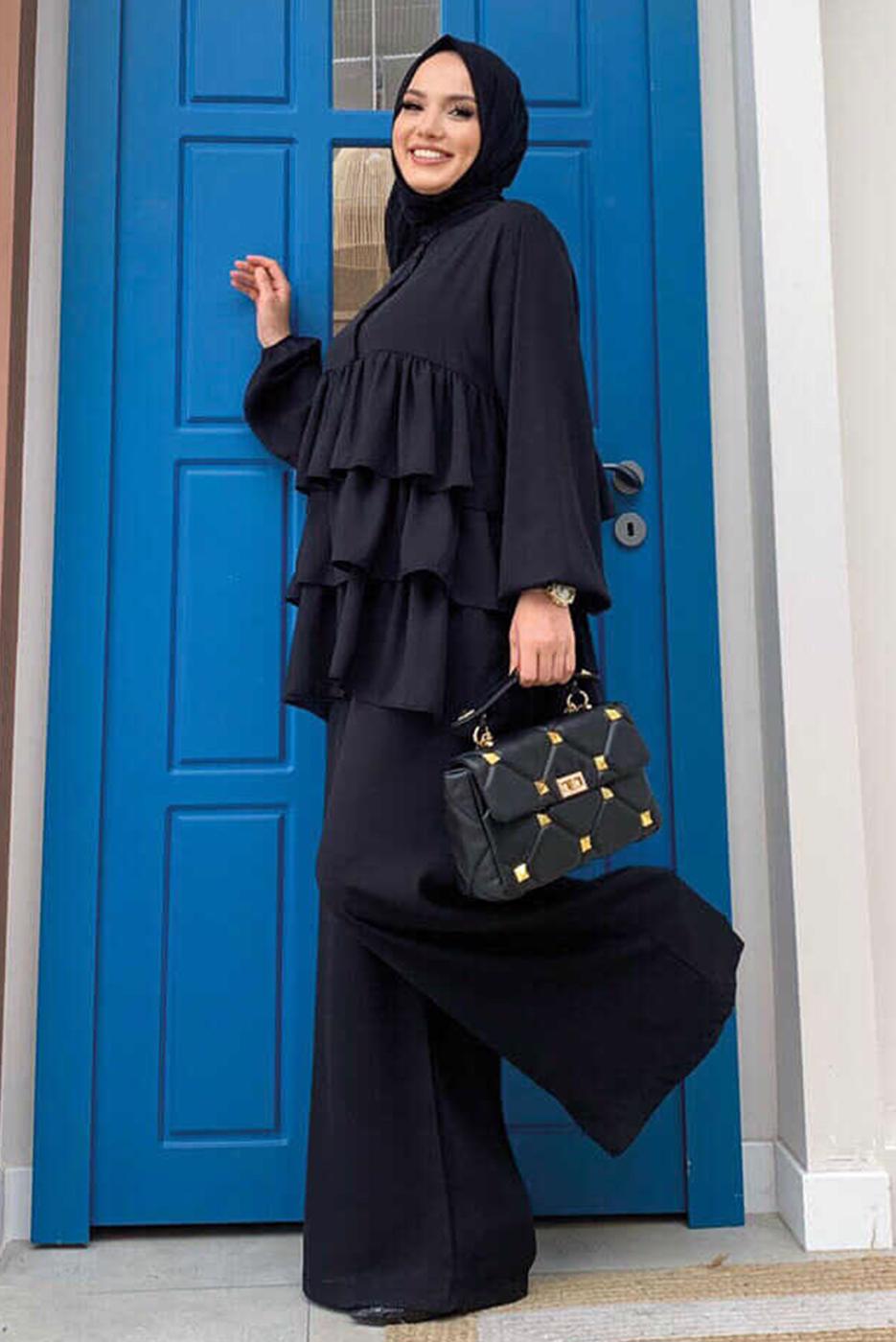 Tesettür giyim SİYAH VOLAN DETAYLI PANTOLONLU TAKIM T 1648